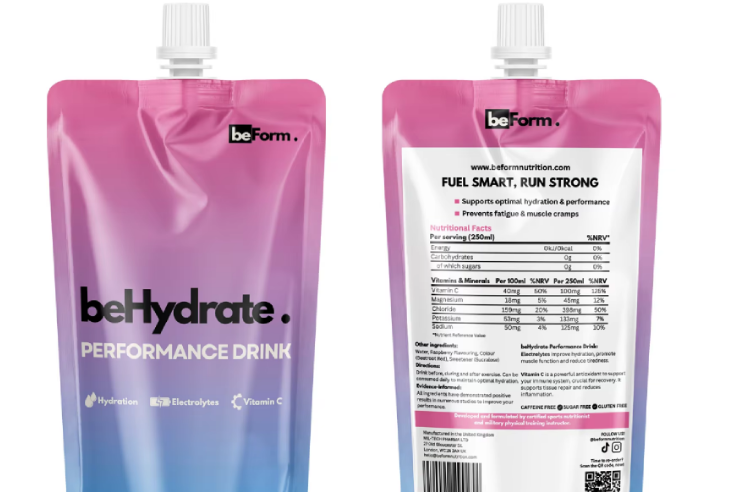 Front and back view of a beHydrate Performance Drink pouch with Electroberry Fusion flavor. The front features the product name and a brief description, while the back contains nutritional information and barcode.