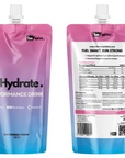 Front and back view of a beHydrate Performance Drink pouch with Electroberry Fusion flavor. The front features the product name and a brief description, while the back contains nutritional information and barcode.