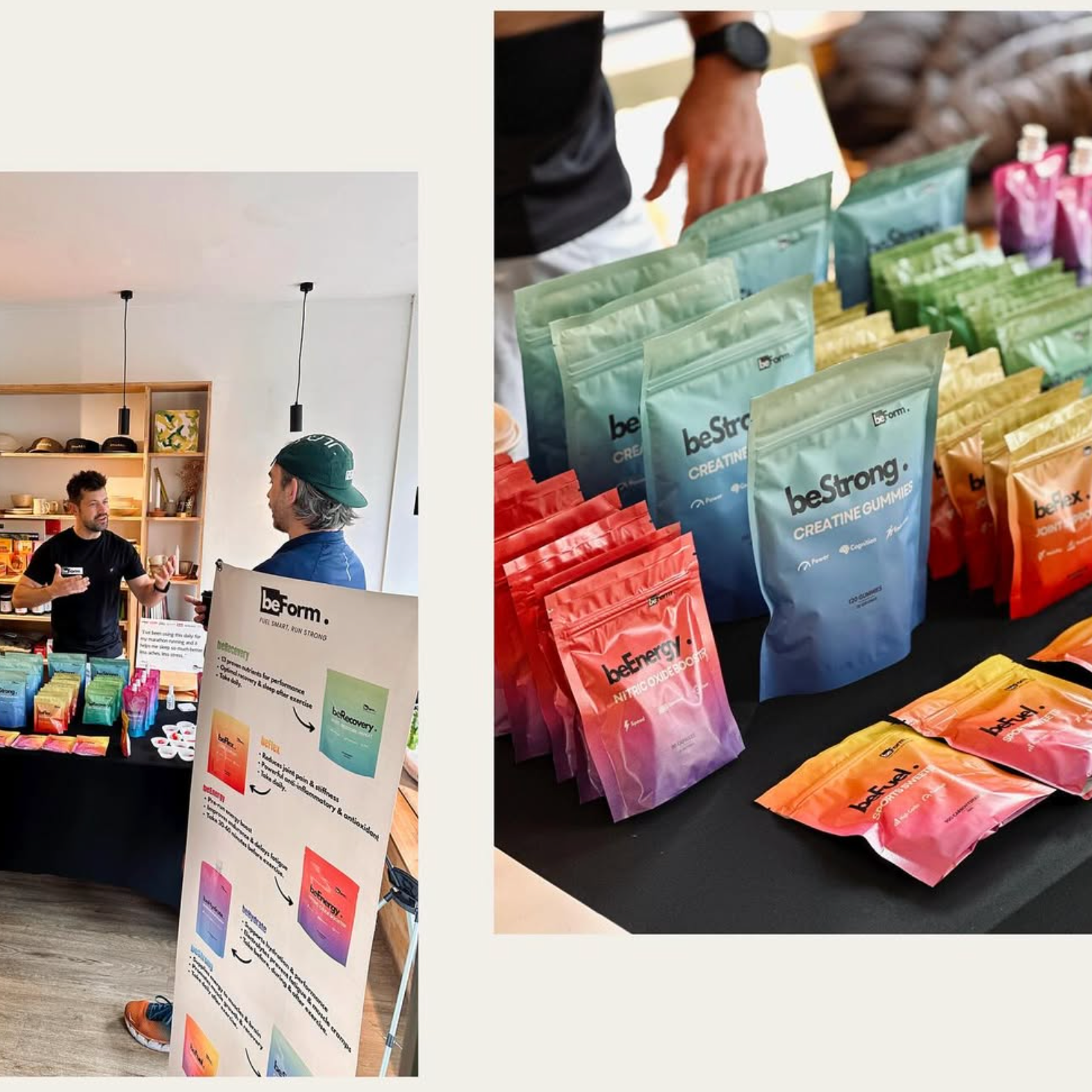 Colorful 'beStrong' supplement packages on a table with people in the background.