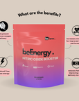 beEnergy nitric oxide booster packaging with benefits listed on a beige background