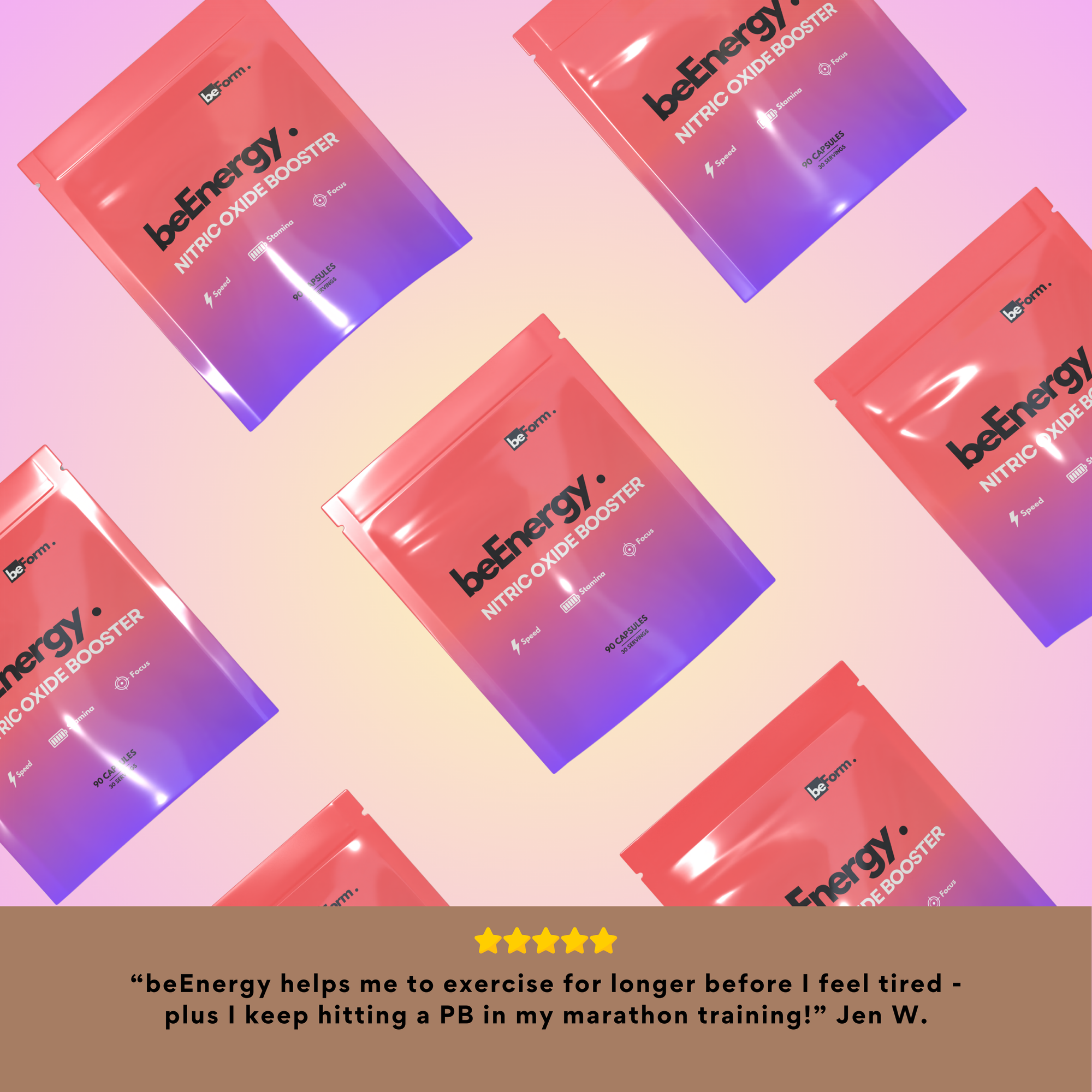 beEnergy nitric oxide booster packets on a gradient background with a customer testimonial at the bottom.