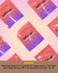 beEnergy nitric oxide booster packets on a gradient background with a customer testimonial at the bottom.