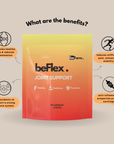 beFlex joint support supplement package with benefits listed on a beige background