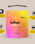 beFuel sports sweets package with benefits listed on a beige background