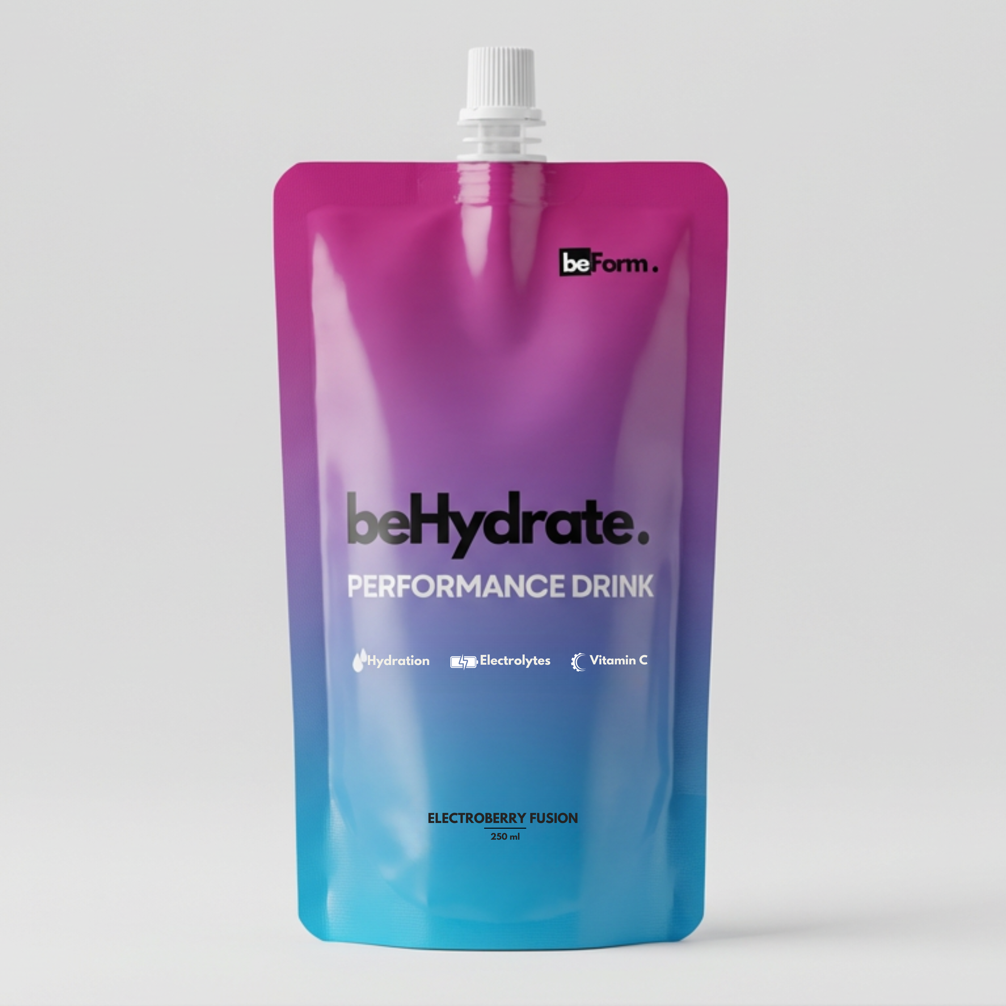 beHydrate performance drink pouch with gradient purple to blue design on a gray background