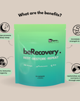 beRecovery supplement package with benefits listed on a beige background