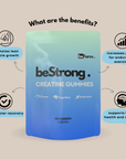 beStrong Creatine Gummies packaging with benefits listed on a beige background