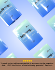 beStrong creatine gummies packaging on a blue gradient background with a five-star rating and customer review.