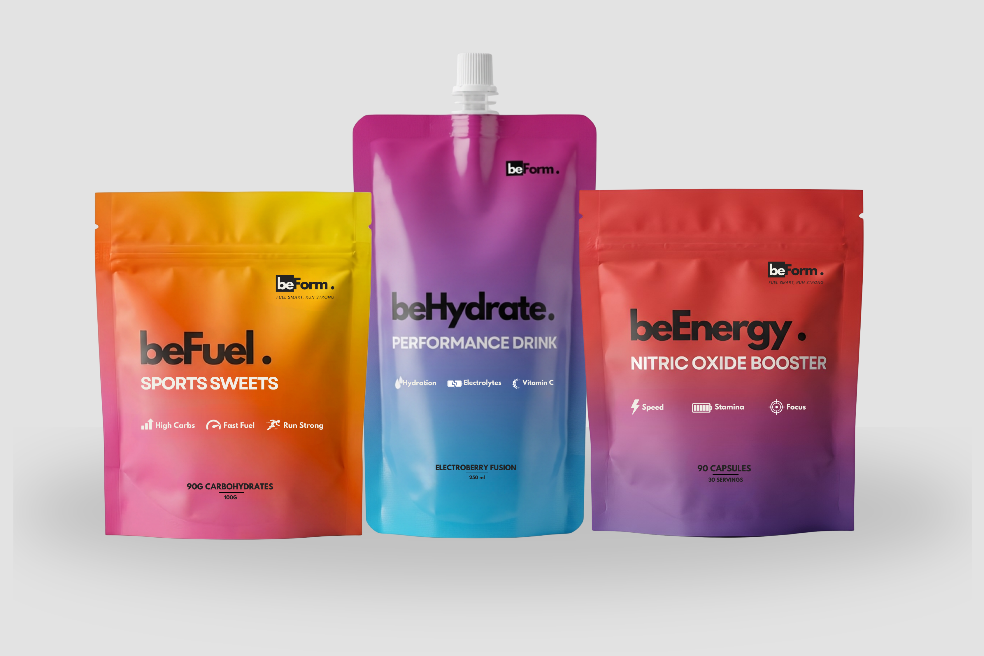 Three beForm products labelled 'Sports Sweets', 'Performance Drink', and 'Nitric Oxide Booster' on a light gray background.