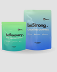 Two packages of beStrong and beRecovery products on a light gray background