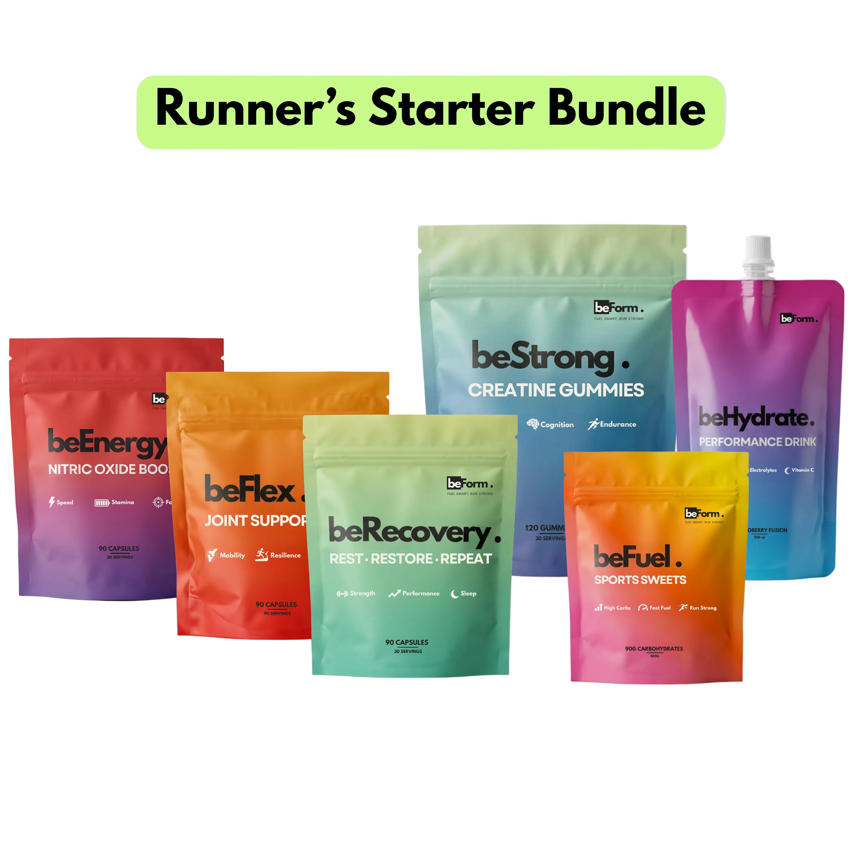 Runner's Starter Bundle with various health supplement packages on a white background