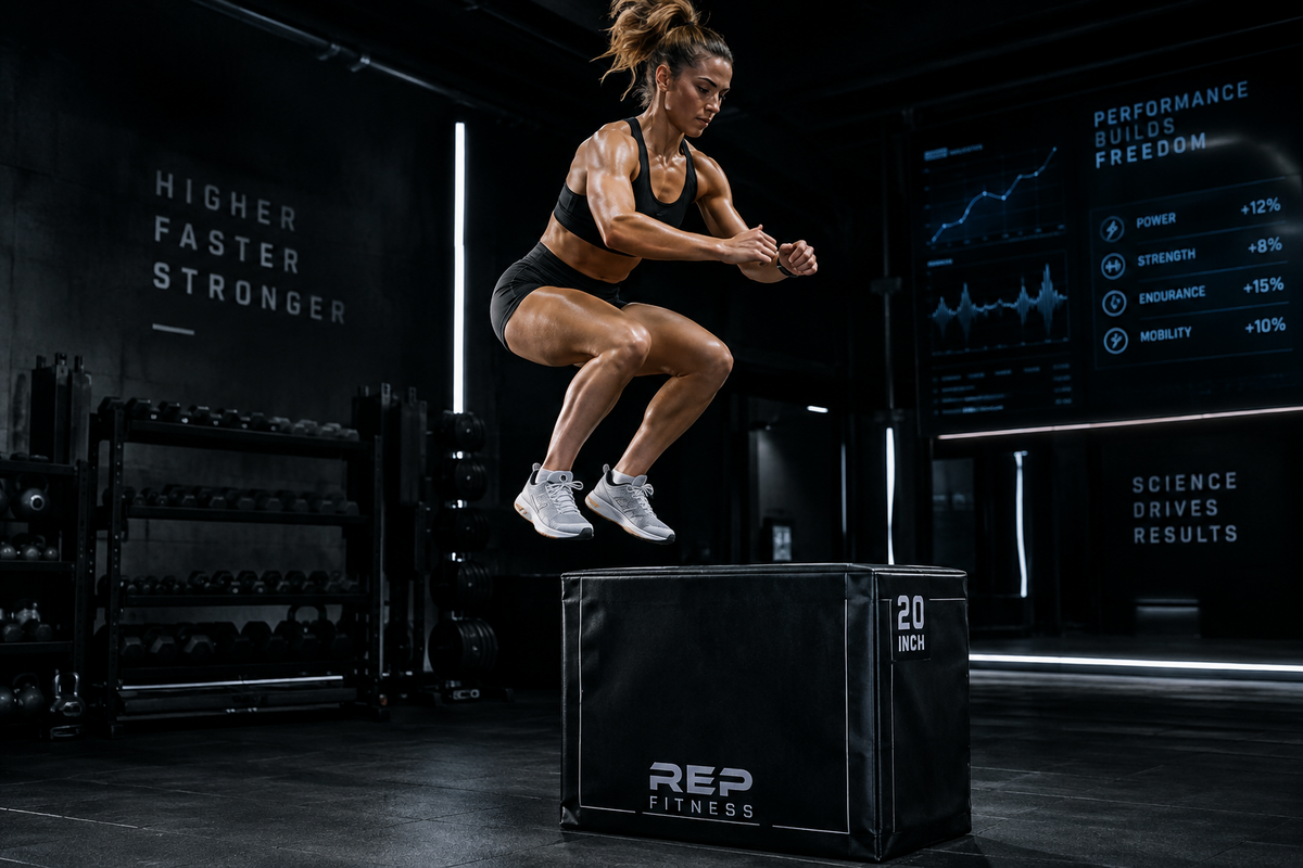 female athlete doing a box jump in a gym setting