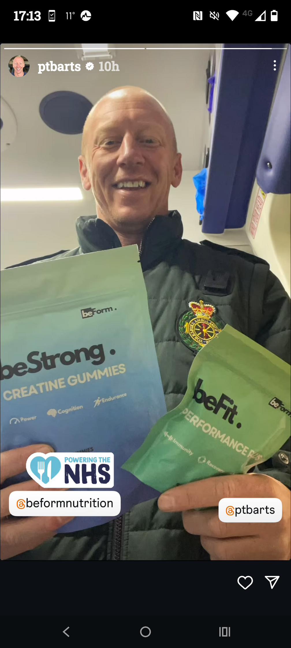Man holding 'beStrong' and 'beFit' products with visible branding on a smartphone screen.