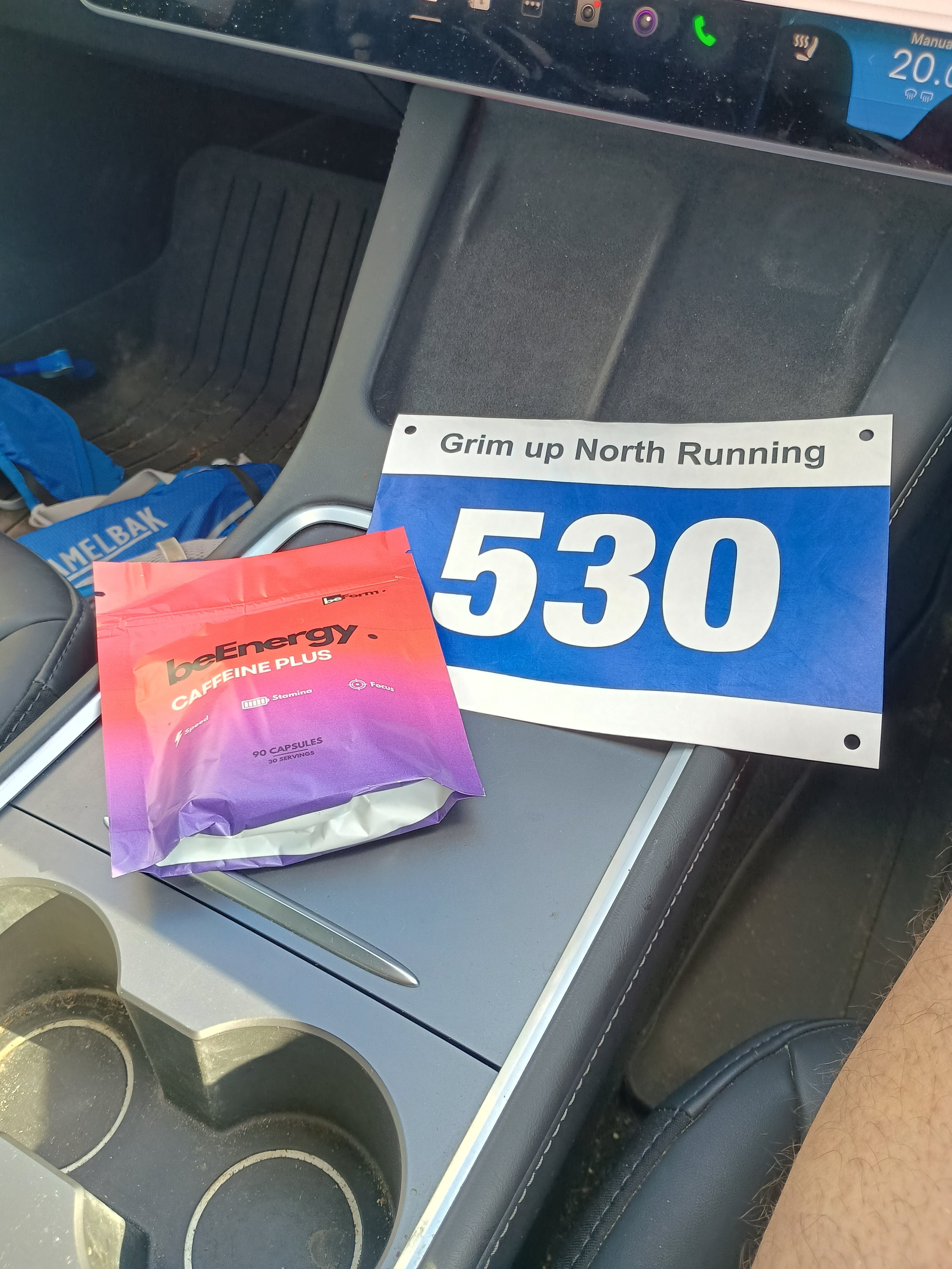 Number 530 sign inside a vehicle with beenergy supplement packet.