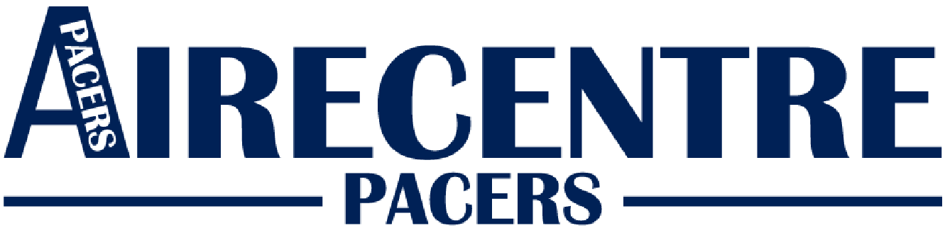 Logo of Airecentre Pacers with blue text on a white background