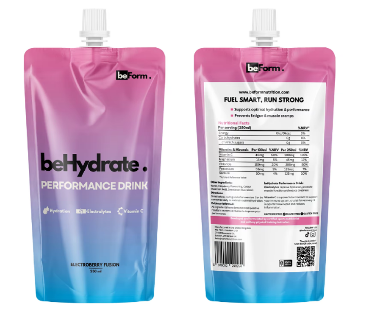 Front and back view of a beHydrate Performance Drink pouch with Electroberry Fusion flavor. The front features the product name and a brief description, while the back contains nutritional information and barcode.