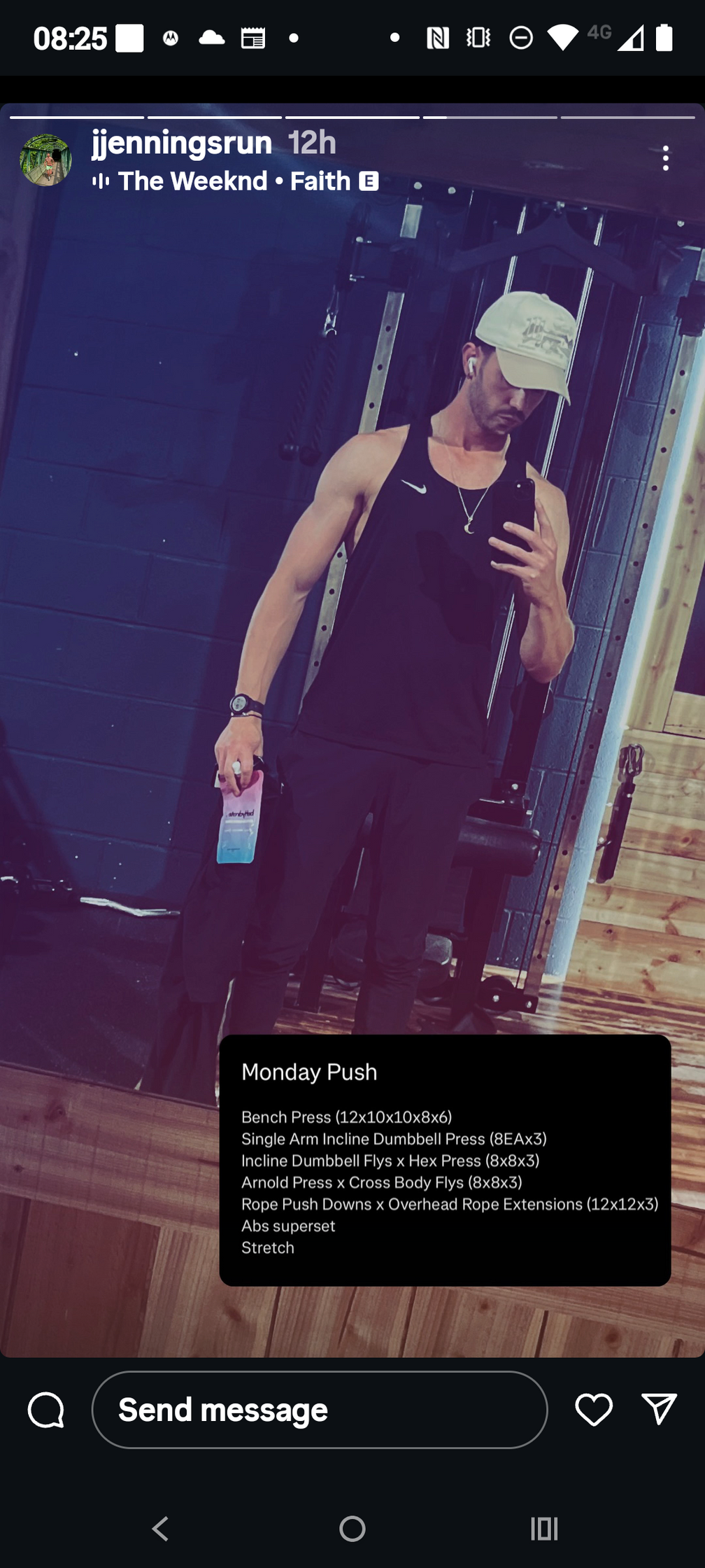 Person taking a mirror selfie wearing a black tank top, behydrate performance drink and white cap, with a phone app interface overlay.