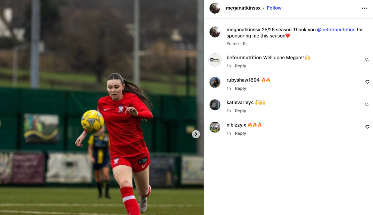 Woman in red soccer uniform running with a ball on a field, followed by an Instagram post interface.