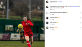 Woman in red soccer uniform running with a ball on a field, followed by an Instagram post interface.