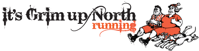 Vintage-style graphic with text 'it's Grim up North running' and two figures running with 2 dogs