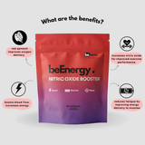 beEnergy Nitric Oxide Booster packaging with benefits listed on a light gray background