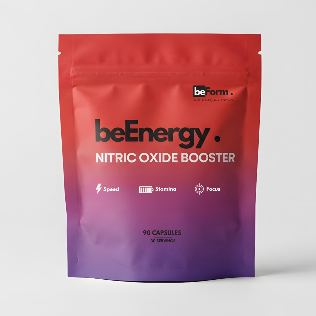 BeEnergy nitric oxide booster package with a gradient red to purple design on a white background.