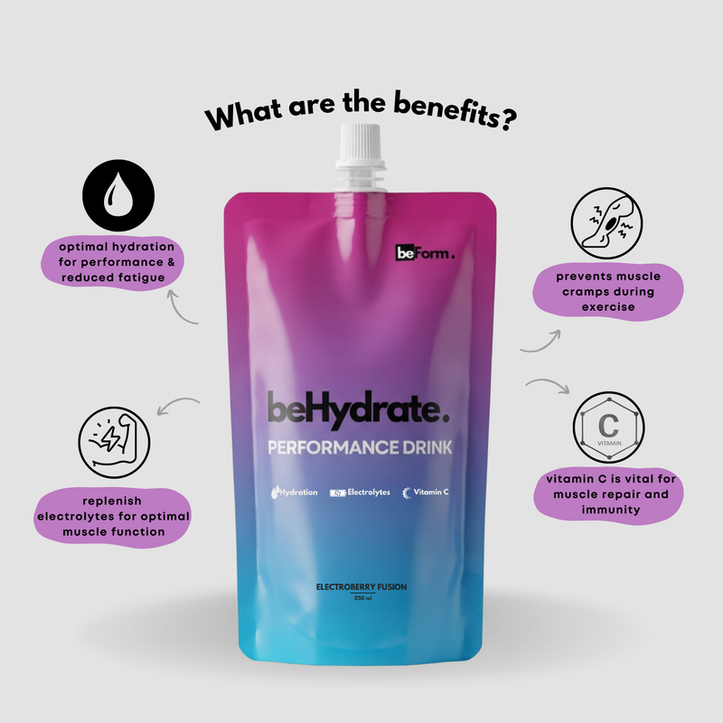 beHydrate performance drink pouch with benefits listed on a white background