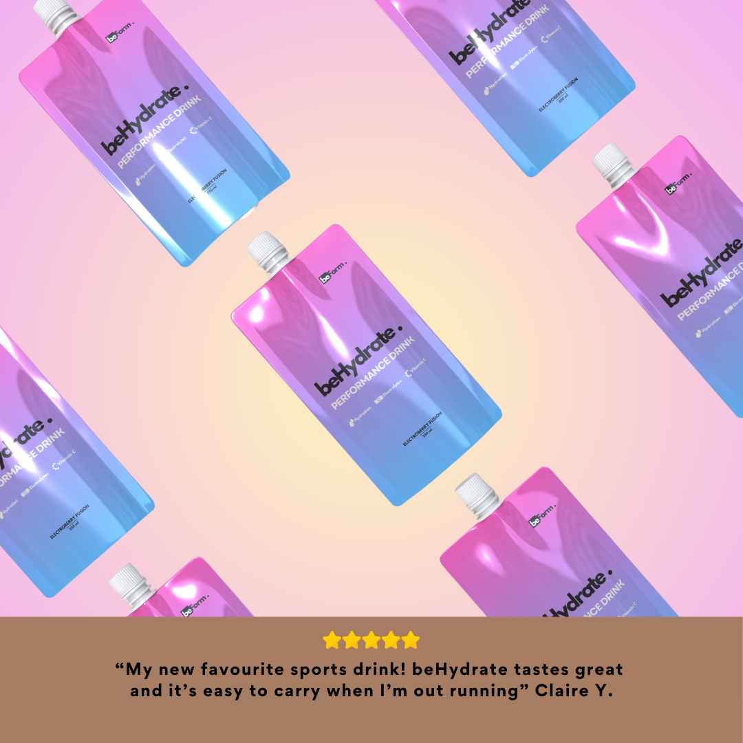 beHydrate sports drink packages on a gradient background with a customer review.