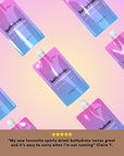 beHydrate sports drink packages on a gradient background with a customer review.