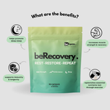 beRecovery supplement package with benefits listed on a light gray background