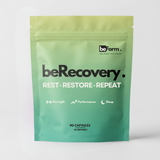 Green 'beRecovery' supplement package on a white background