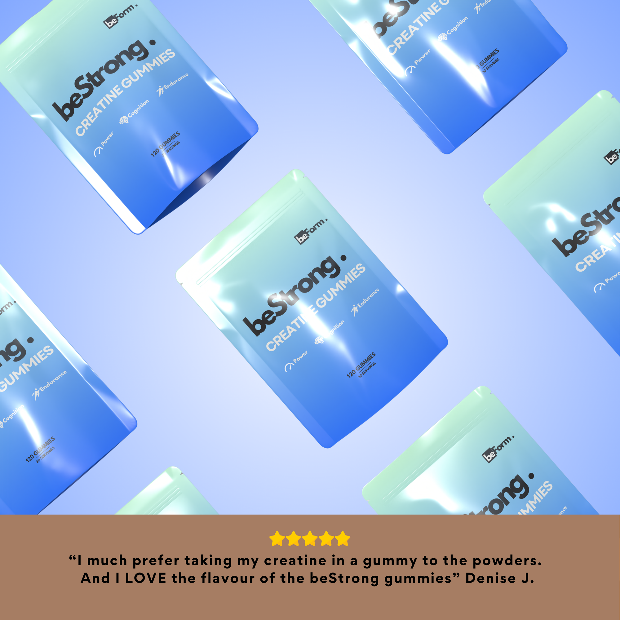 beStrong creatine gummies packaging on a blue gradient background with a five-star rating and customer review.