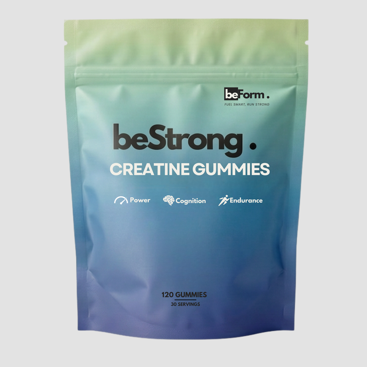 blue gradient beStrong creatine gummies supplement packet on a light grey background