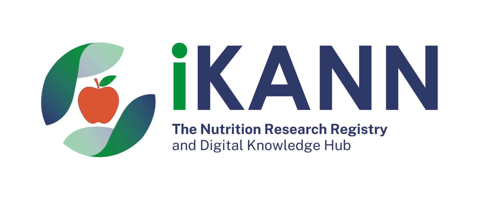 Logo of iKANN, The Nutrition Research Registry and Digital Knowledge Hub, with an apple and leaf design.