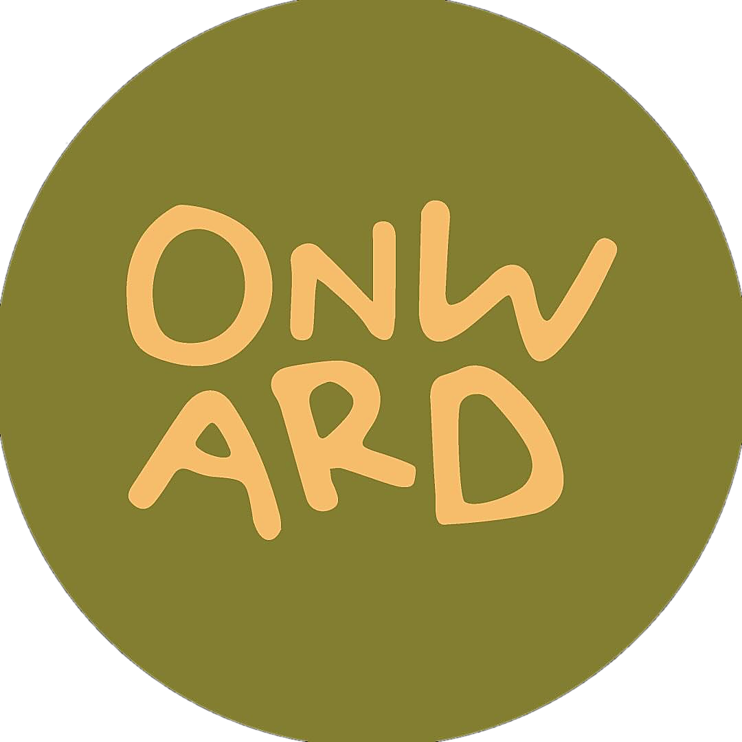 Green circle with 'ONWARD' text in orange on a white background