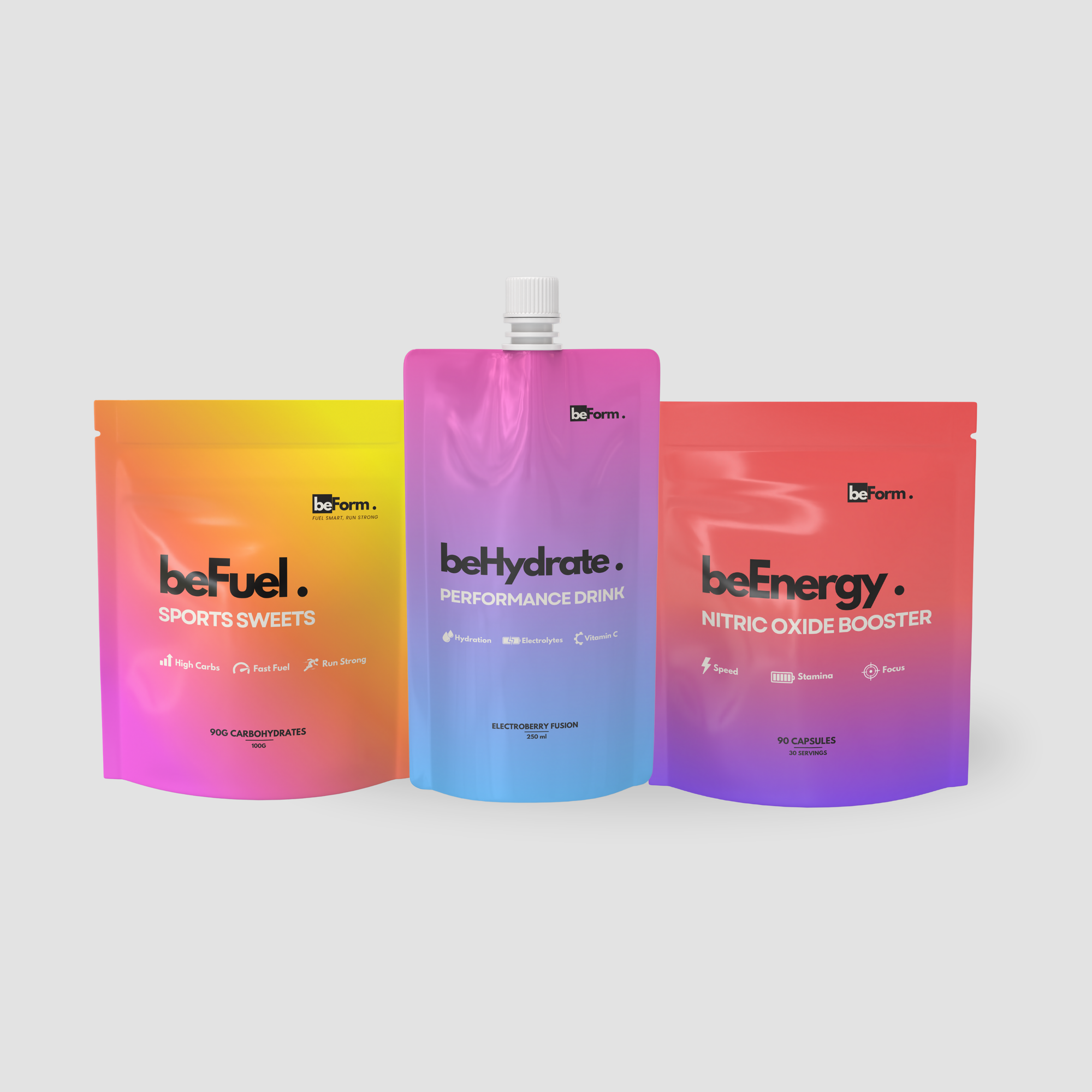 Three beForm product packages on a white background