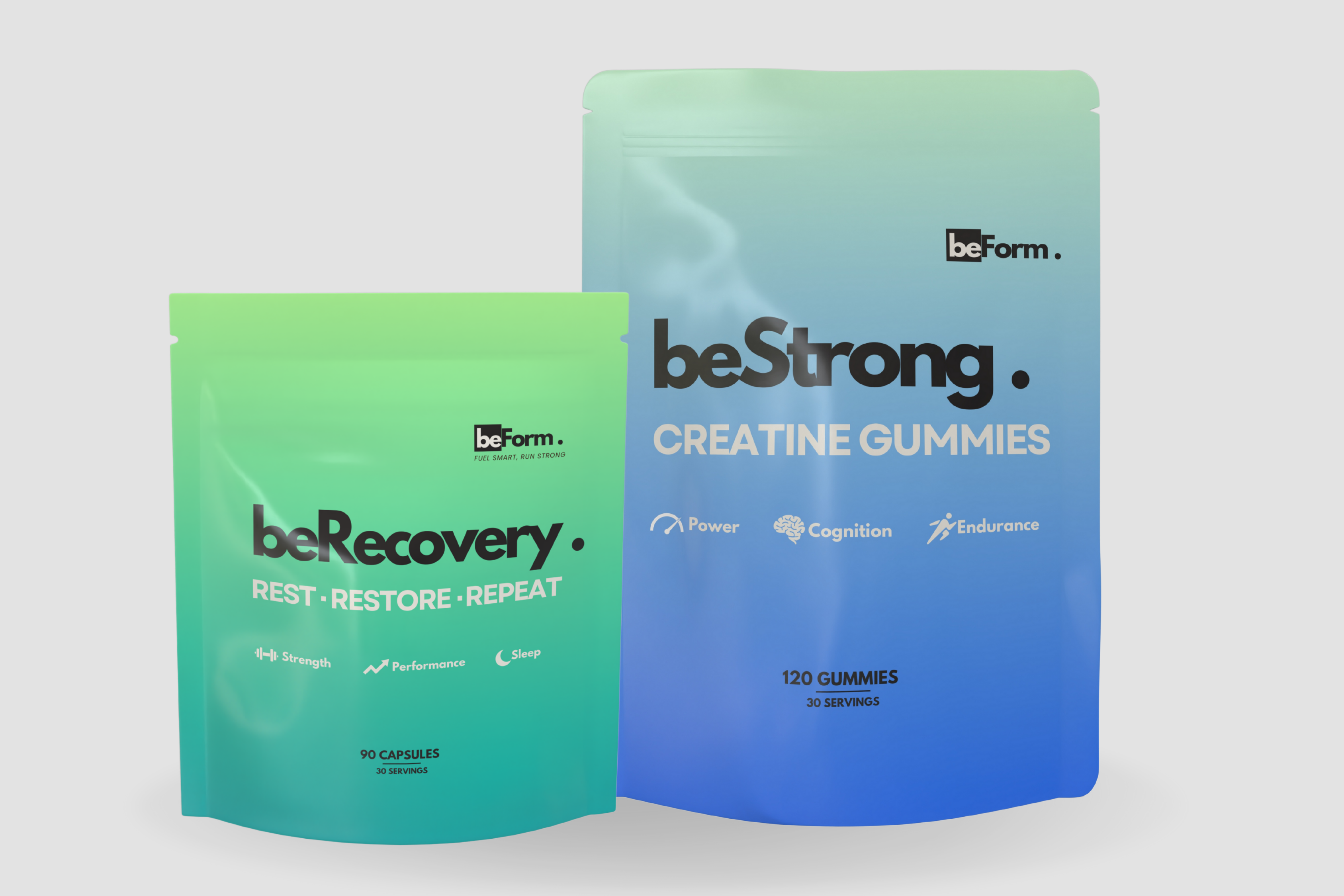 Two packages of beStrong and beRecovery products on a light gray background
