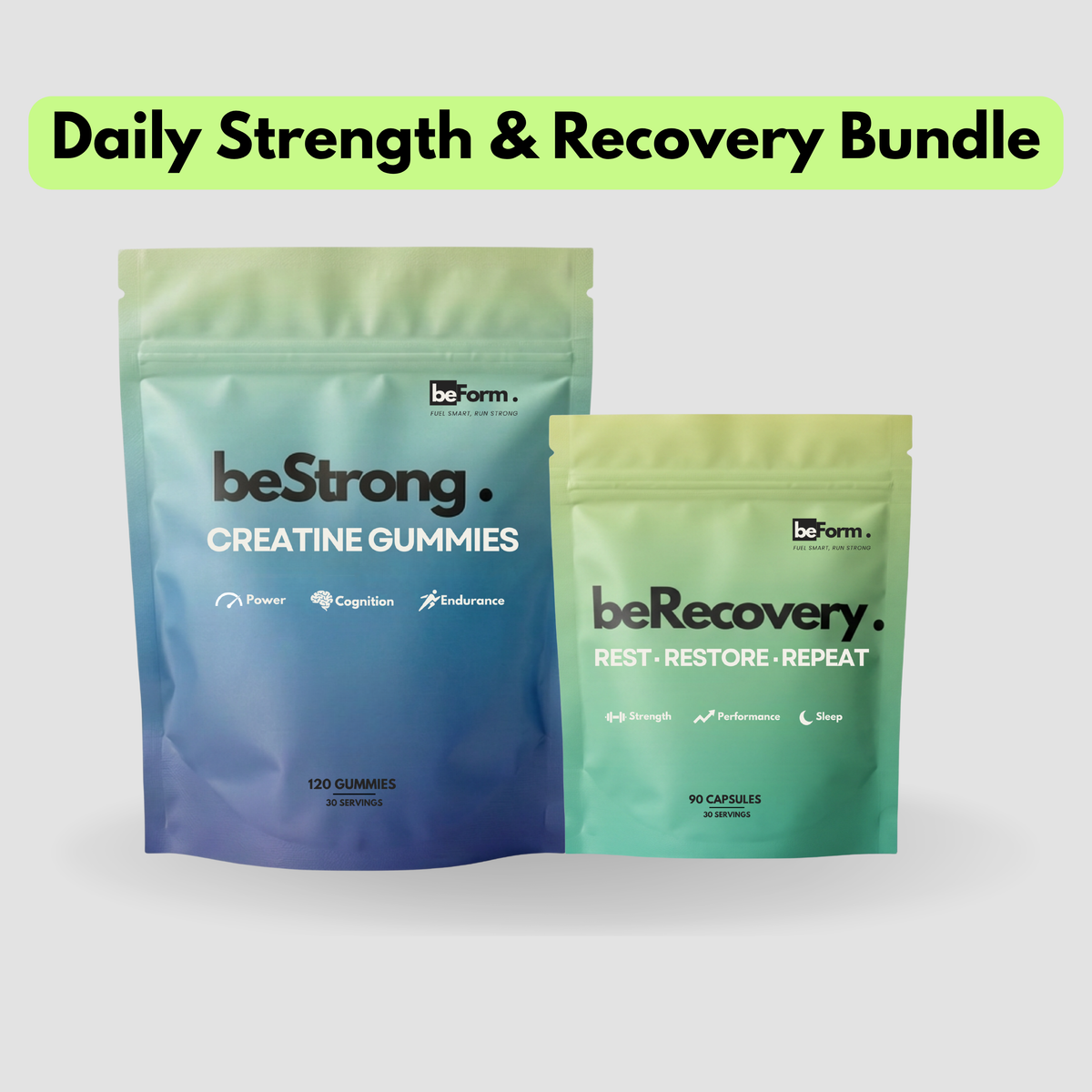 Two supplement packages labeled 'beStrong' and 'beRecovery' on a light gray background.
