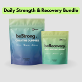 Two supplement packages labeled 'beStrong' and 'beRecovery' on a light gray background.