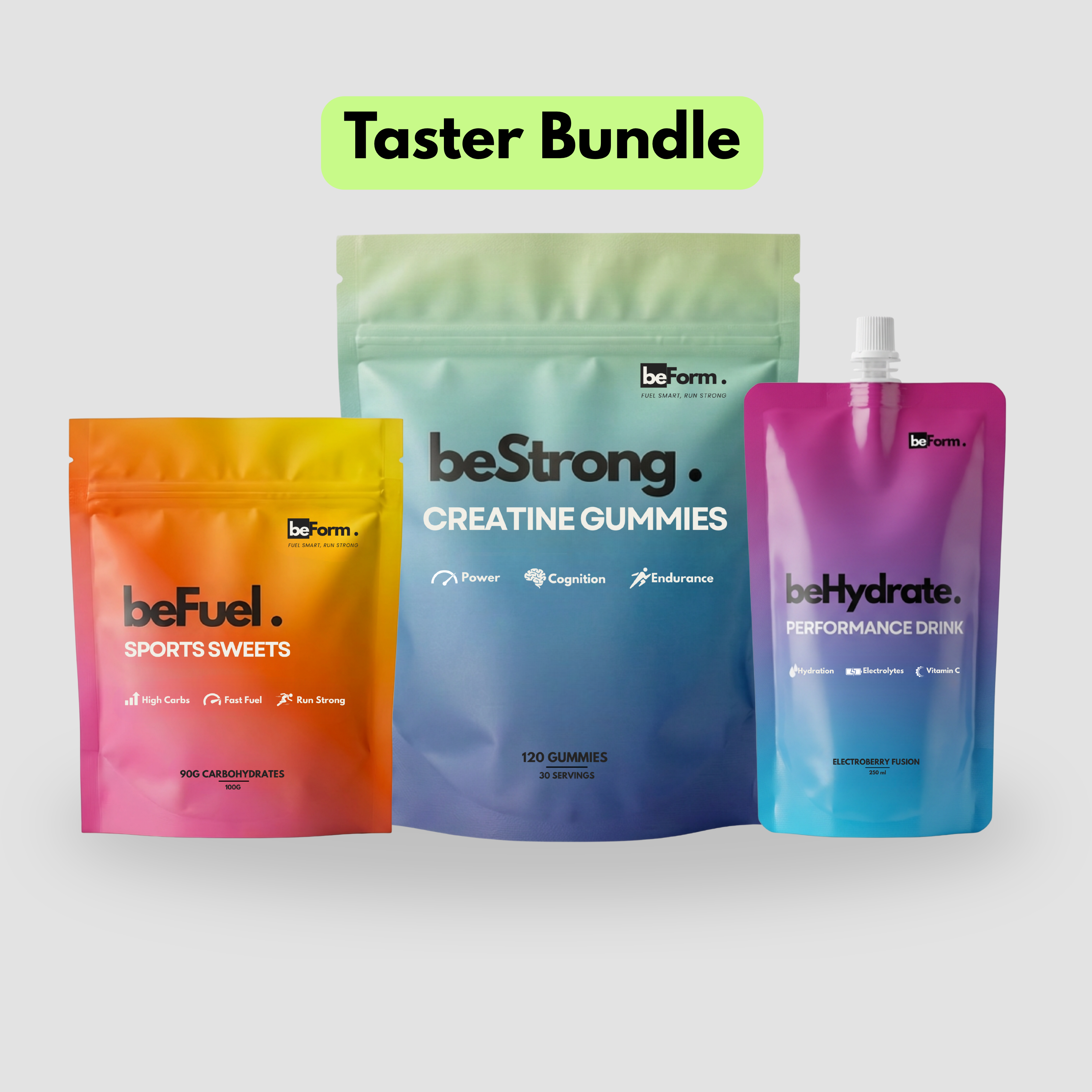 Three beForm product packages: Sports Sweets, Creatine Gummies, and Performance Drink on a white background.
