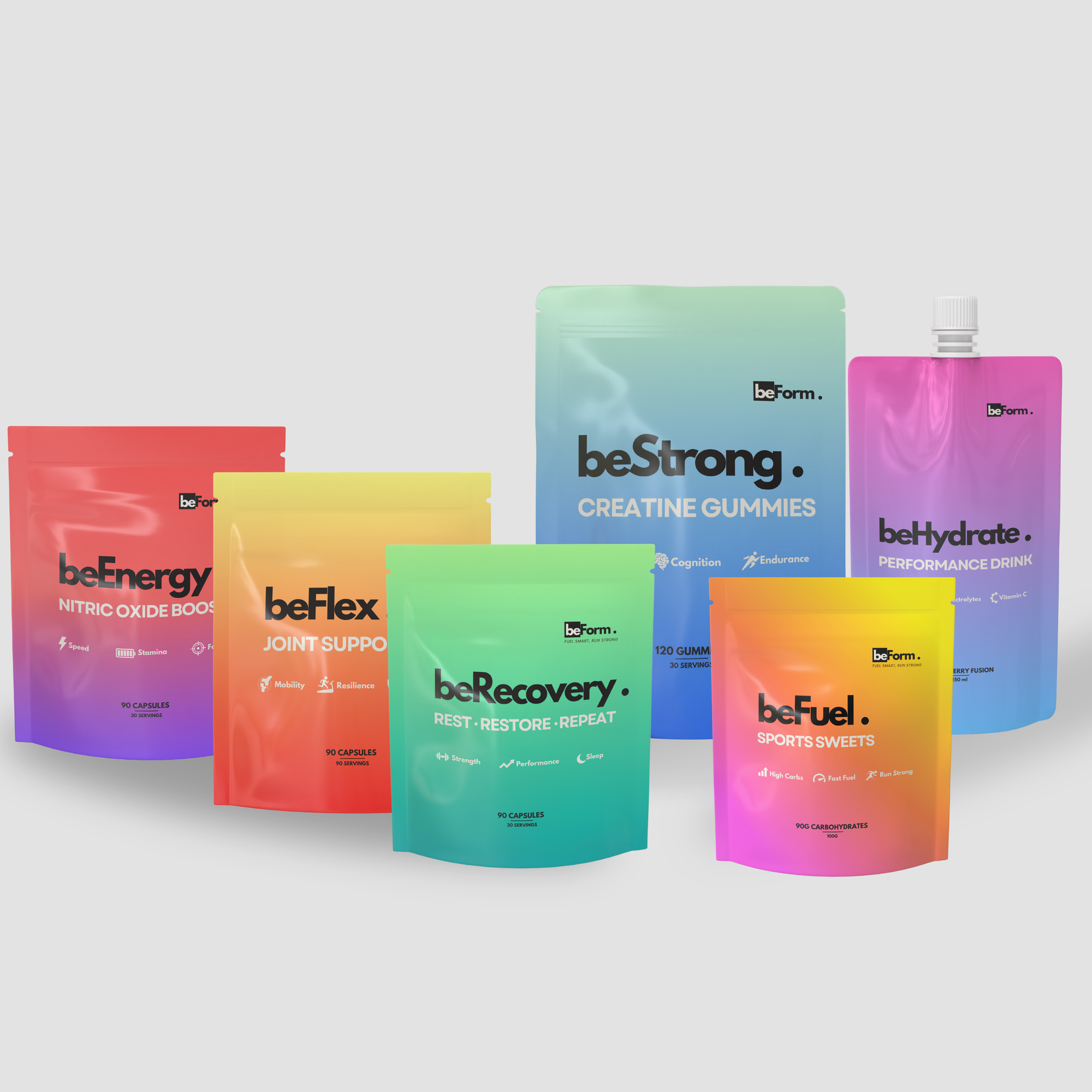 Collection of colorful supplement packages with brand names on a light gray background