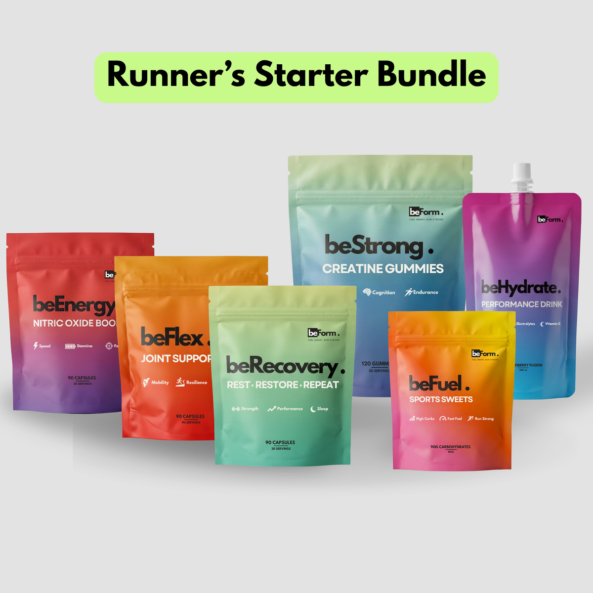 six packets of beform nutrition supplement on a light grey background.